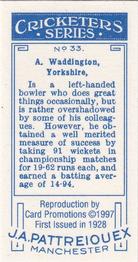 1997 Card Promotions 1926 J.A.Pattreiouex Cricketers (reprint)) #33 Abraham Waddington Back
