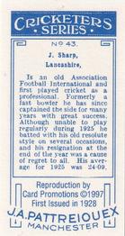 1997 Card Promotions 1926 J.A.Pattreiouex Cricketers (reprint)) #43 Jack Sharp Back