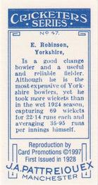 1997 Card Promotions 1926 J.A.Pattreiouex Cricketers (reprint)) #47 Emmott Robinson Back