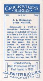 1997 Card Promotions 1926 J.A.Pattreiouex Cricketers (reprint)) #70 Arthur Richardson Back