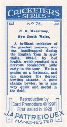 1997 Card Promotions 1926 J.A.Pattreiouex Cricketers (reprint)) #75 Charlie Macartney Back