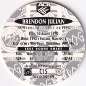 1995 Crown & Andrews Cricket Test Series & Sheffield Shield POG Pack Milk Caps #C15 Brendon Julian Back