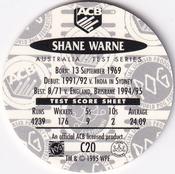 1995 Crown & Andrews Cricket Test Series & Sheffield Shield POG Pack Milk Caps #C20 Shane Warne Back