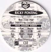 1995 Crown & Andrews Cricket Test Series & Sheffield Shield POG Pack Milk Caps #C32 Ricky Ponting Back