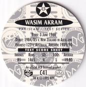 1995 Crown & Andrews Cricket Test Series & Sheffield Shield POG Pack Milk Caps #C41 Wasim Akram Back