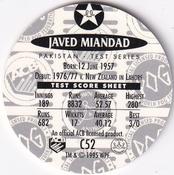 1995 Crown & Andrews Cricket Test Series & Sheffield Shield POG Pack Milk Caps #C52 Javed Miandad Back
