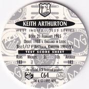 1995 Crown & Andrews Cricket Test Series & Sheffield Shield POG Pack Milk Caps #C64 Keith Arthurton Back