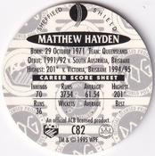 1995 Crown & Andrews Cricket Test Series & Sheffield Shield POG Pack Milk Caps #C82 Matthew Hayden Back