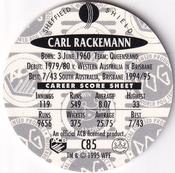 1995 Crown & Andrews Cricket Test Series & Sheffield Shield POG Pack Milk Caps #C85 Carl Rackemann Back