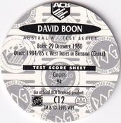 1995 Crown & Andrews Cricket Test Series & Sheffield Shield POG Pack Milk Caps - Gold Foil Parallel #C12 David Boon Back