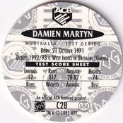 1995 Crown & Andrews Cricket Test Series & Sheffield Shield POG Pack Milk Caps - Gold Foil Parallel #C28 Damien Martyn Back