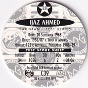 1995 Crown & Andrews Cricket Test Series & Sheffield Shield POG Pack Milk Caps - Gold Foil Parallel #C39 Ijaz Ahmed Back