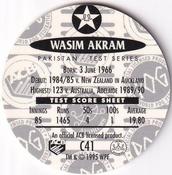 1995 Crown & Andrews Cricket Test Series & Sheffield Shield POG Pack Milk Caps - Gold Foil Parallel #C41 Wasim Akram Back