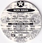 1995 Crown & Andrews Cricket Test Series & Sheffield Shield POG Pack Milk Caps - Gold Foil Parallel #C43 Moin Khan Back