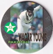 1995 Crown & Andrews Cricket Test Series & Sheffield Shield POG Pack Milk Caps - Gold Foil Parallel #C50 Waqar Younis Front