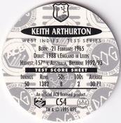 1995 Crown & Andrews Cricket Test Series & Sheffield Shield POG Pack Milk Caps - Gold Foil Parallel #C54 Keith Arthurton Back
