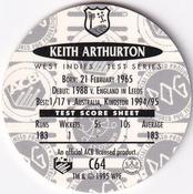 1995 Crown & Andrews Cricket Test Series & Sheffield Shield POG Pack Milk Caps - Gold Foil Parallel #C64 Keith Arthurton Back
