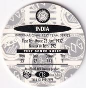 1995 Crown & Andrews Cricket Test Series & Sheffield Shield POG Pack Milk Caps - International Cricket Team Badges #CT3 India Back