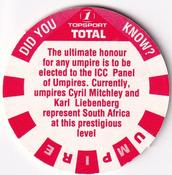 1995 Topsport Total South Africa v England Cricket Player Discs - Did You Know #NNO Umpire Back