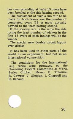 1977 World Series Cricket Souvenir Cassette Cards #20 World Series Cricket Special Conditions Front