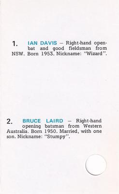 1977 World Series Cricket Souvenir Cassette Cards #29 Ian Davis / Bruce Laird Back