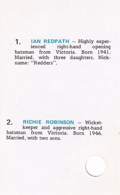 1977 World Series Cricket Souvenir Cassette Cards #30 Ian Redpath / Richie Robinson Back