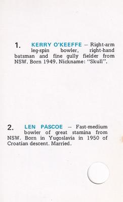 1977 World Series Cricket Souvenir Cassette Cards #31 Kerry O'Keeffe / Len Pascoe Back