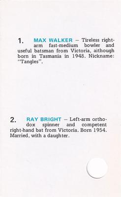 1977 World Series Cricket Souvenir Cassette Cards #35 Max Walker / Ray Bright Back