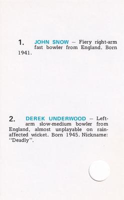 1977 World Series Cricket Souvenir Cassette Cards #36 John Snow / Derek Underwood Back