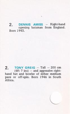1977 World Series Cricket Souvenir Cassette Cards #38 Dennis Amiss / Tony Greig Back