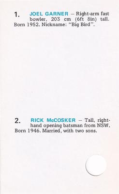 1977 World Series Cricket Souvenir Cassette Cards #47 Joel Garner / Rick McCosker Back