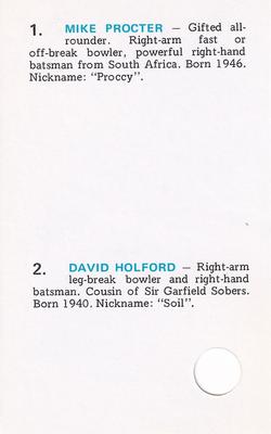 1977 World Series Cricket Souvenir Cassette Cards #48 Mike Procter / David Holford Back