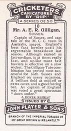 1980 Dover/Constable Publications Classic Cricket Cards (Reprint) #10 Arthur Gilligan Back