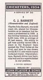 1980 Dover/Constable Publications Classic Cricket Cards (Reprint) #4 Charles Barnett Back