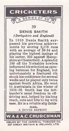 1980 Dover/Constable Publications Classic Cricket Cards (Reprint) #39 Denis Smith Back