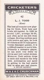 1980 Dover/Constable Publications Classic Cricket Cards (Reprint) #42 Leslie Todd Back