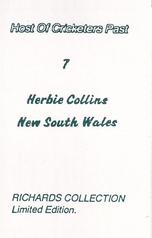 1990 Richards Collection Host Of Cricketers Past #7 Herbie Collins Back