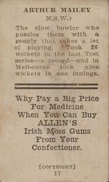 1924-25 Allens Cricketers #17 Arthur Mailey Back