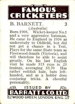 1938 Barratt & Co Famous Cricketers #3 Ben Barnett Back