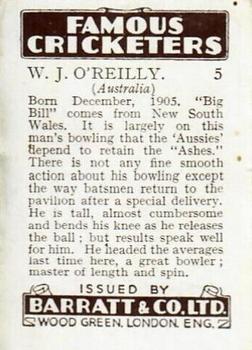 1938 Barratt & Co Famous Cricketers #5 Bill O'Reilly Back