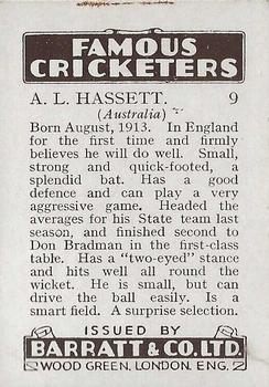 1938 Barratt & Co Famous Cricketers #9 Lindsay Hassett Back