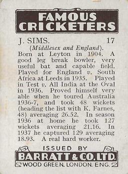 1938 Barratt & Co Famous Cricketers #17 Jim Sims Back