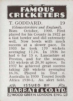 1938 Barratt & Co Famous Cricketers #19 Tom Goddard Back