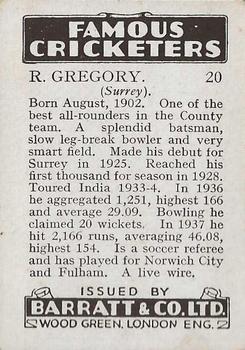 1938 Barratt & Co Famous Cricketers #20 Ross Gregory Back