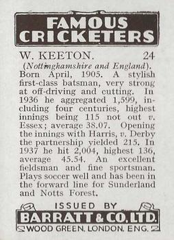 1938 Barratt & Co Famous Cricketers #24 Walter Keeton Back