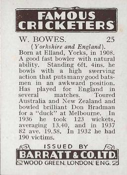 1938 Barratt & Co Famous Cricketers #25 Bill Bowes Back
