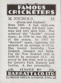 1938 Barratt & Co Famous Cricketers #32 Maurice Nichol Back