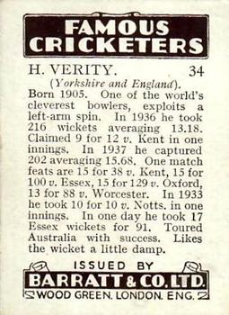 1938 Barratt & Co Famous Cricketers #34 Hedley Verity Back