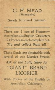 1930 Australian Licorice English Cricketers #NNO Phillip Mead Back
