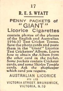 1936-37 Australian Licorice English & Australian Cricketers #17 Robert Wyatt Back